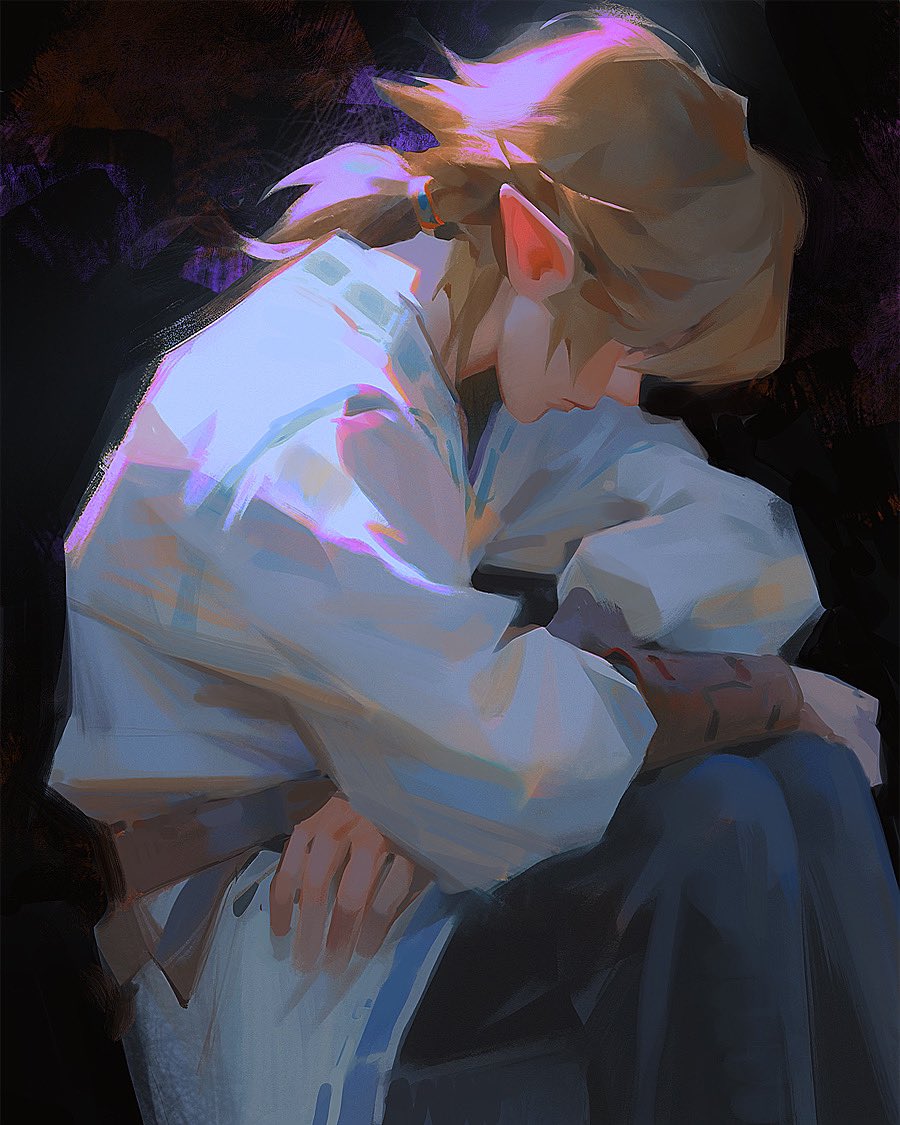 the image is a digital painting of an anime character, a young male elf with blonde hair, sitting with his head hung low, looking down and lost in thought. his eyes are closed and his posture is hunched, which suggests that he is feeling sadness or depression. the art is done in a painterly style and uses soft, muted colors. there is a lot of blue and purple in the image, giving it a melancholic feel. the background is a dark, almost black, which emphasizes the character's isolation and sorrow. the light in the image is soft and comes from an unknown source, adding to the ethereal and mysterious feeling of the scene. the image is wellcrafted and emotionally resonant, conveying the character's inner turmoil and vulnerability through his body language, the use of color, and the overall atmosphere.