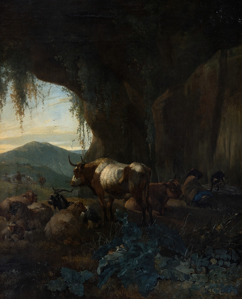 the image is a painting depicting a pastoral scene with livestock resting in the foreground near the entrance of a large cave. a lightcolored cow stands prominently, while several sheep are clustered nearby. inside the cave, a reddishbrown cow is partially visible, and a shepherd is depicted sleeping or resting. in the background, a mountain range is visible under a cloudy sky. the overall style suggests an old master painting, likely oil on canvas.