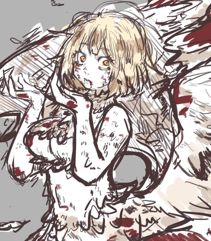 the image is a digital drawing or sketch in an anime/manga style. it depicts a young woman or girl with short blonde hair, appearing as an angel with large, tattered wings. she is heavily injured and covered in blood splatter, displaying a distressed expression. her eyes are wide and intense, and her clothes are torn and stained. the overall style is dark and somewhat disturbing, leaning towards horror or fantasy genres.  the background is a muted gray, providing contrast to the figure's intense coloring and detail. the drawing style is loose and sketchy, with visible brushstrokes, giving it a raw and unfinished feel.