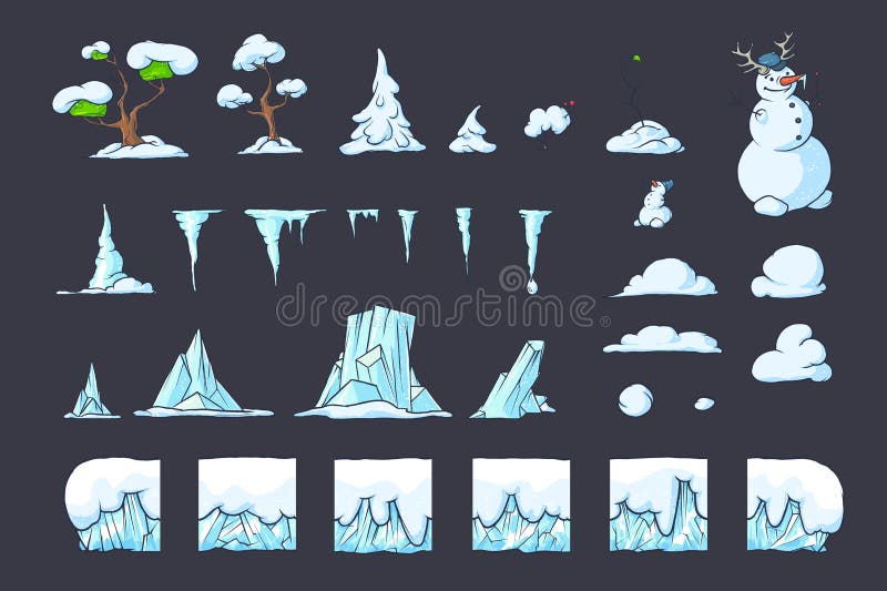 a collection of winter themed 2d game assets including trees, icicles, snow piles, clouds, platforms, and a snowman. the assets are drawn in a cartoon style and are set against a dark blue background.