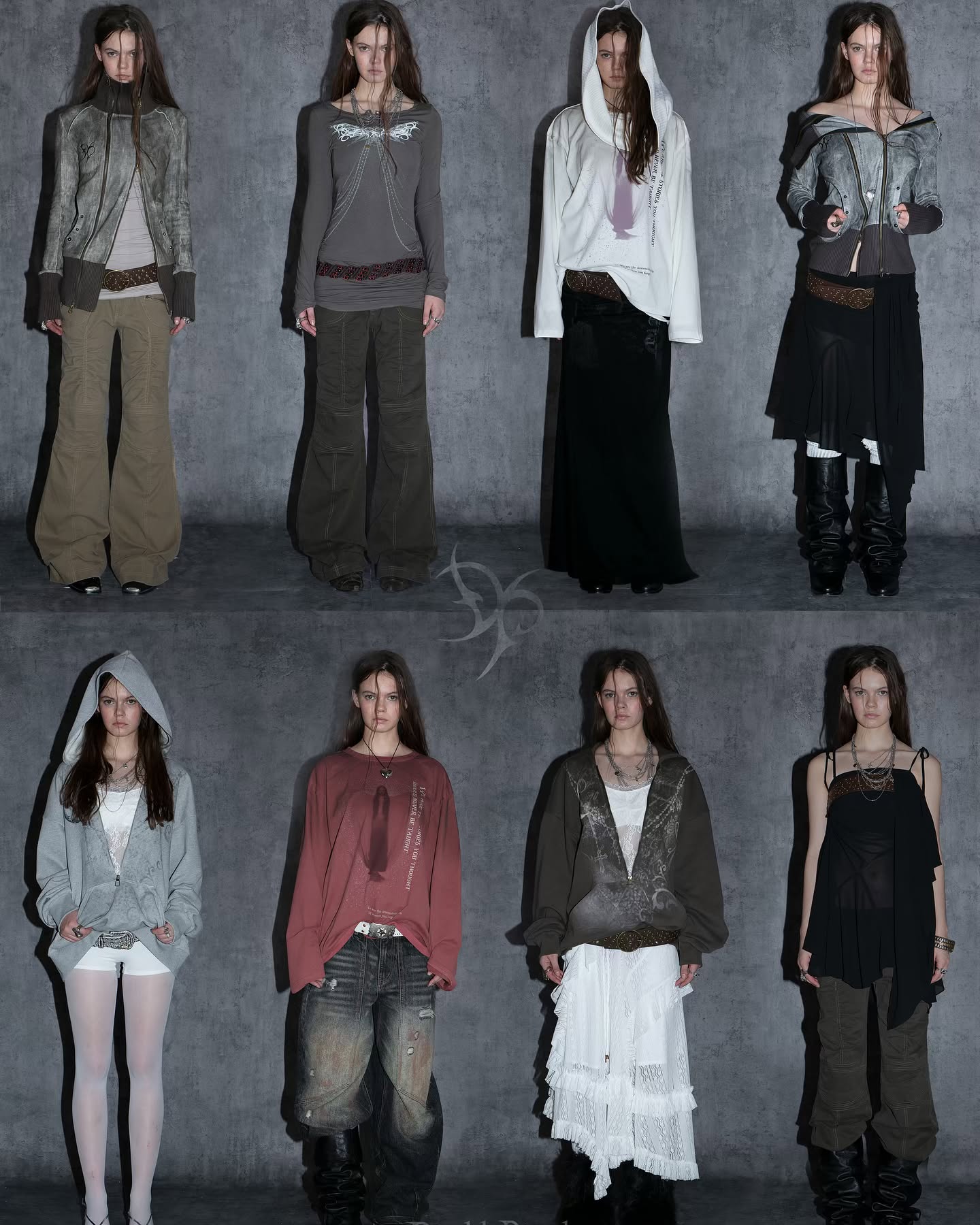 he image showcases a collection of women's fashion. ten models are posed against a neutral grey background, each showcasing a different outfit. the clothing styles range from grunge and alternative to more relaxed and casual, with a dark and monochrome color palette.  the models wear items such as longsleeved shirts, pants, skirts, hoodies, and boots, highlighting layering and various textures.  the overall aesthetic is edgy and stylish, conveying a contemporary fashion sense.