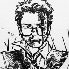 this is a black and white, closeup sketch of a man's portrait. he has medium length hair, is wearing glasses and has a scar across his right eye. his expression appears intense and serious, maybe even angry. the style of the drawing resembles anime or manga.