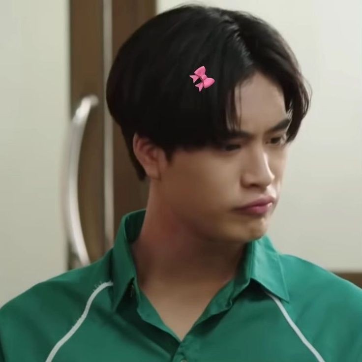 a closeup portrait of a young asian man with a pink bow digitally added to his dark hair. he wears a green and white collared shirt and has a neutral facial expression. the setting appears to be indoors with soft lighting.
