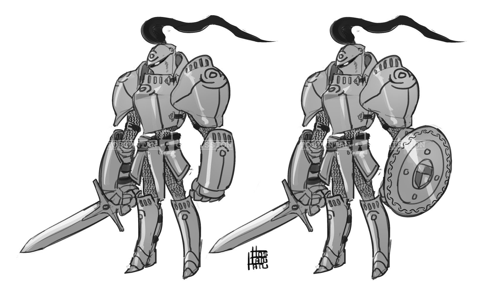 a grayscale drawing of two fantasy knights, one with a sword and the other with a shield. they are both wearing heavy armor and helmets with long, flowing capes. the drawing is done in a simple style and has a bit of a cartoon feel.