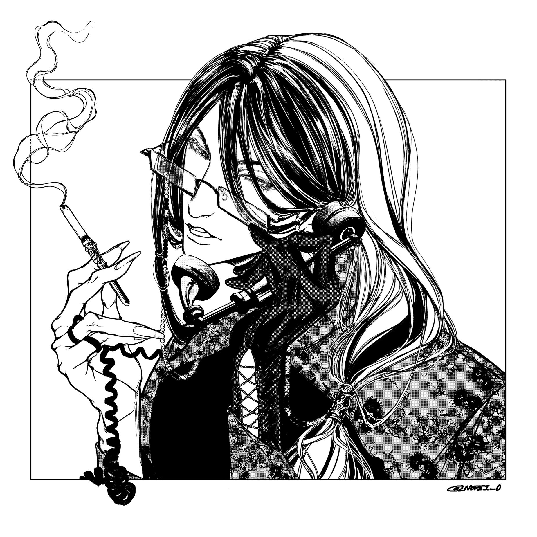 this is a black and white illustration of a woman with long black hair, wearing glasses, talking on the phone while holding a cigarette. she is wearing a lace dress and gloves, her hair is tied back in a ponytail. she looks elegant and fashionable, and the illustration is in an anime style.