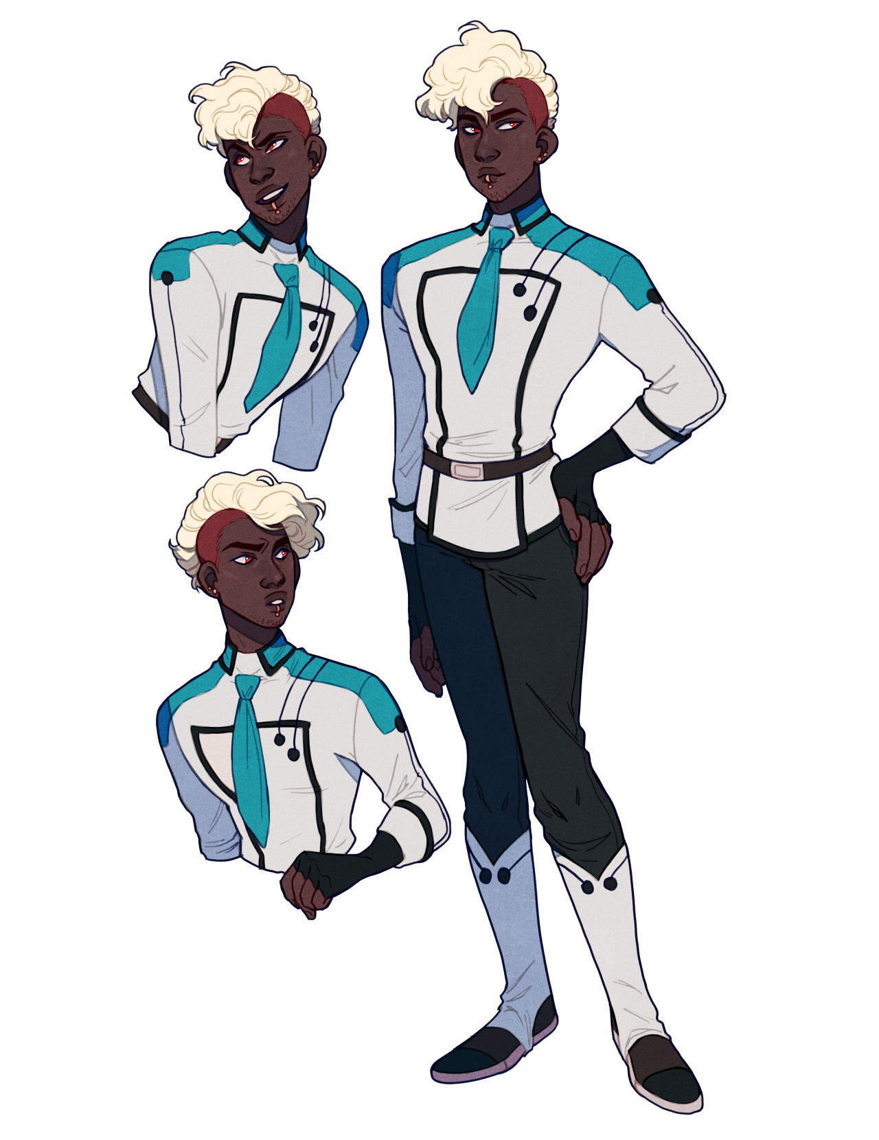 a digital illustration of a male character in various poses against a white background. he is dressed in a white and blue futuristic uniform with a tie and has blonde hair and dark skin. the illustration shows the character from the waist up in three different poses: facing forward, looking to the side, and looking over his shoulder. the fullbody illustration shows the character standing with his hand on his hip. the illustration has a soft lighting and a ¾ view perspective.