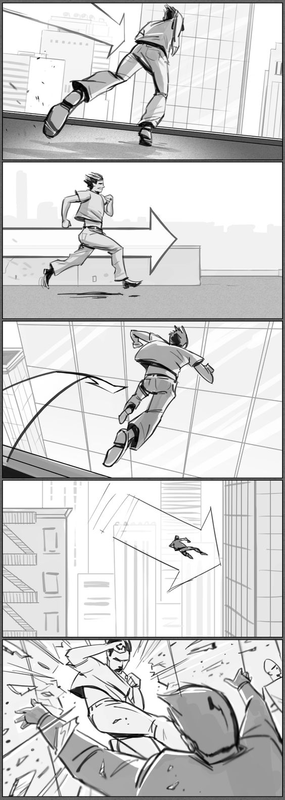 this is a 4panel storyboard for an action sequence. the first panel shows a man running on a rooftop, he is wearing a longsleeved shirt and pants. in the second panel, a man is running on the rooftop, he is wearing a shortsleeved shirt and pants. in the third panel, a man is jumping between buildings, he is wearing a shortsleeved shirt and pants. in the last panel, a man is in a fighting position, he is wearing a shortsleeved shirt and pants, another person wearing a longsleeved shirt and pants is coming towards him.