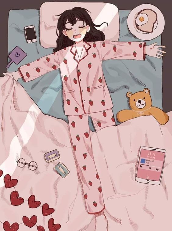 a young woman, with long, dark hair, is sound asleep in her bed. she's wearing pink pajamas decorated with a cute strawberry pattern. the scene exudes comfort and tranquility. sunlight bathes the room in a warm glow, highlighting the cozy atmosphere.  her bed is adorned with a soft blanket and a cute teddy bear. on the bedside table rests a simple breakfast of toast and a fried egg.  a smartphone, possibly playing music, lies nearby, while a pair of glasses and a cassette tape hint at her interests. the overall palette is soft and feminine, dominated by pinks and reds, creating a sense of peace and relaxation.