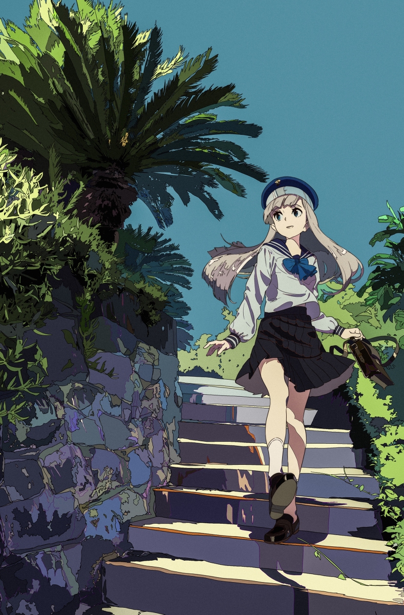 the image is a stylized digital illustration of an anime schoolgirl with long blonde hair wearing a sailor uniform and a cap. she is walking up a stone staircase outdoors.  the setting is lush and green, with various plants and trees visible, suggesting a sunny summer day. the style is a blend of realism and anime aesthetics, with a focus on color and shadow.  the girl's expression is calm and serene.  the overall mood is peaceful and somewhat contemplative.