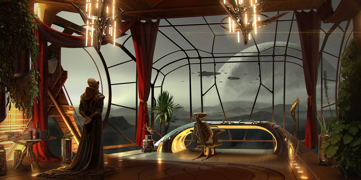 a man with a bald head and a long robe stands with his back to the camera in a luxurious office. the office has large windows that look out onto a planet and several spacecraft. the office is decorated with red curtains, hanging plants, and chandeliers. the sun is setting in the background, casting a warm glow over the scene.