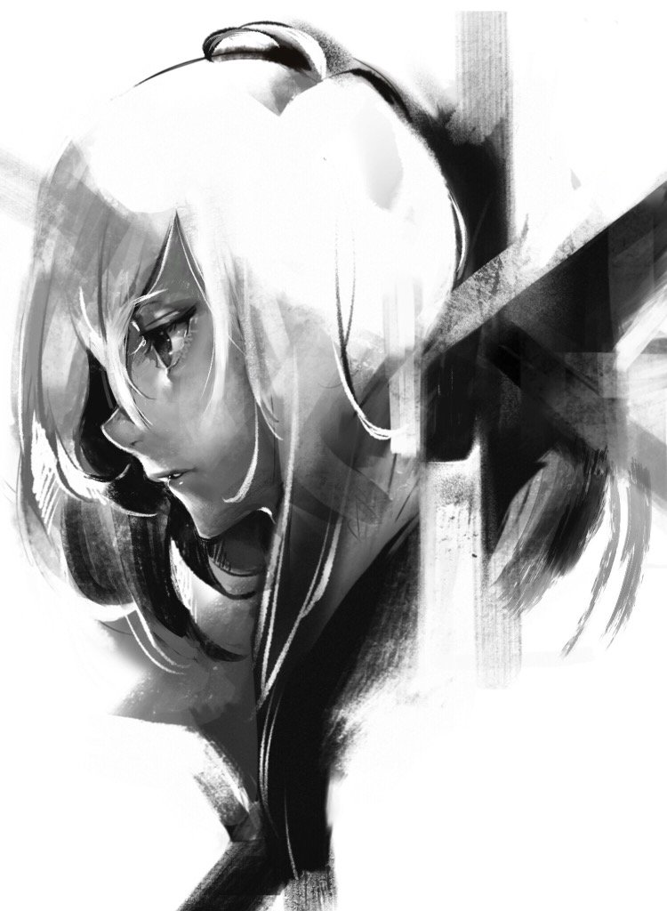 a black and white sketch of a young woman with short hair. she is looking down and to the left, with a contemplative expression. her hair and clothing are rendered with loose, expressive brushstrokes. the background is white with some abstract black lines, creating a sense of movement and depth.