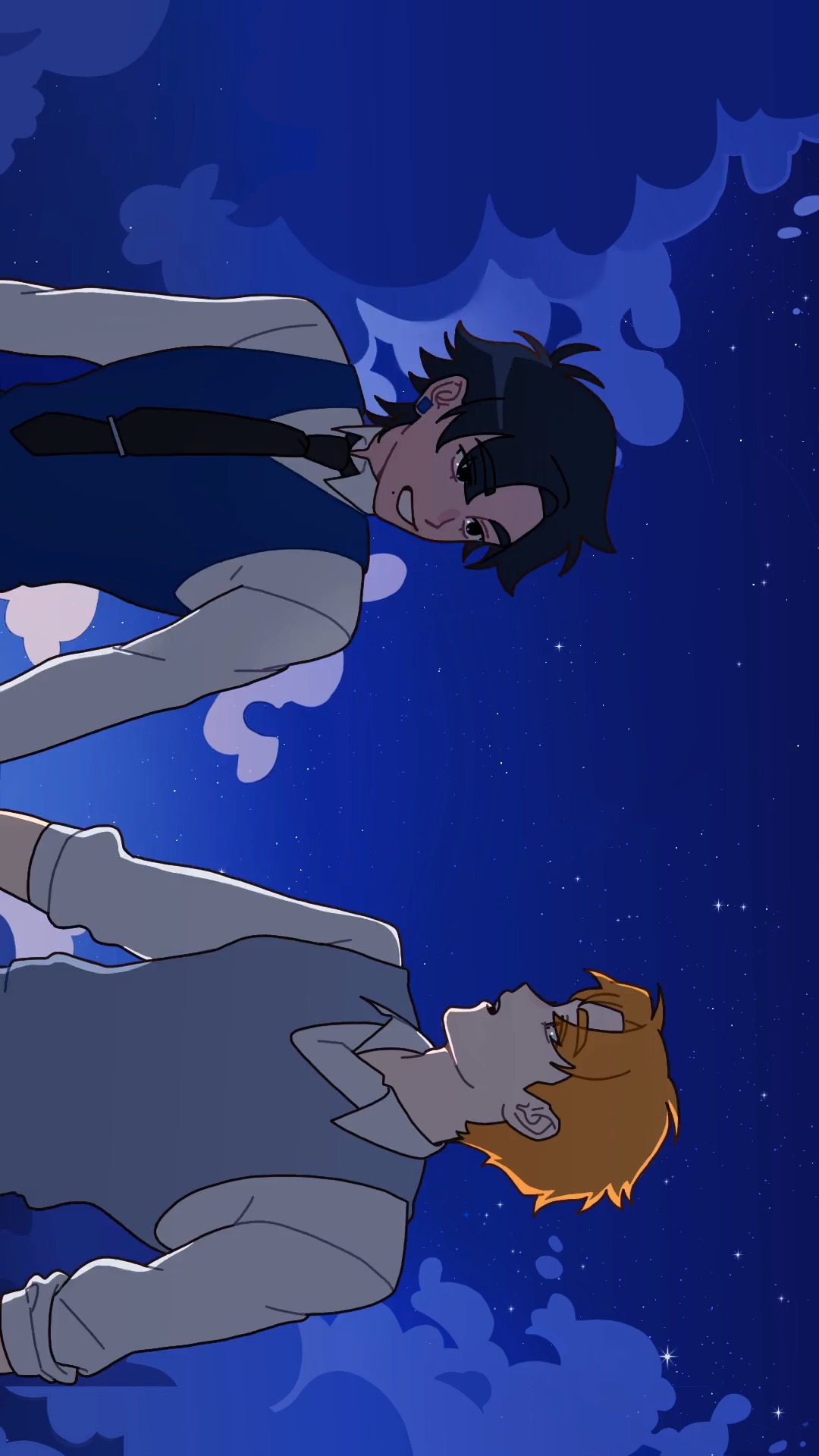 the image is a digital illustration in an anime style. it depicts two young men, one with dark hair and one with orange hair, seemingly floating upside down against a backdrop of a dark blue night sky filled with stars and stylized clouds.  they are dressed in casual yet smart attire,  and they appear to be gazing at each other intimately. the overall mood is romantic and dreamy. the art style is clean and simple with bold outlines and flat color.
