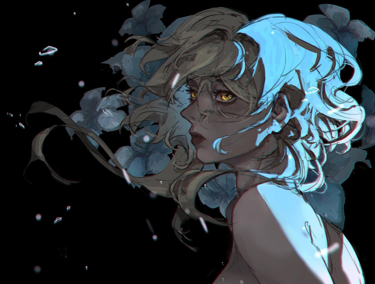 the image is a digital painting of a young woman with flowing, partially blonde and partially light blue hair.  her eyes are a striking yellow. she is surrounded by stylized blue flowers which appear to be slightly translucent or ethereal. the background is dark, creating a strong contrast with the bright tones of her hair and the flowers. the overall style is painterly and slightly abstract; the lines are fluid and suggestive rather than sharply defined. the artwork evokes a sense of mystery and beauty, a dreamy and almost melancholic mood.