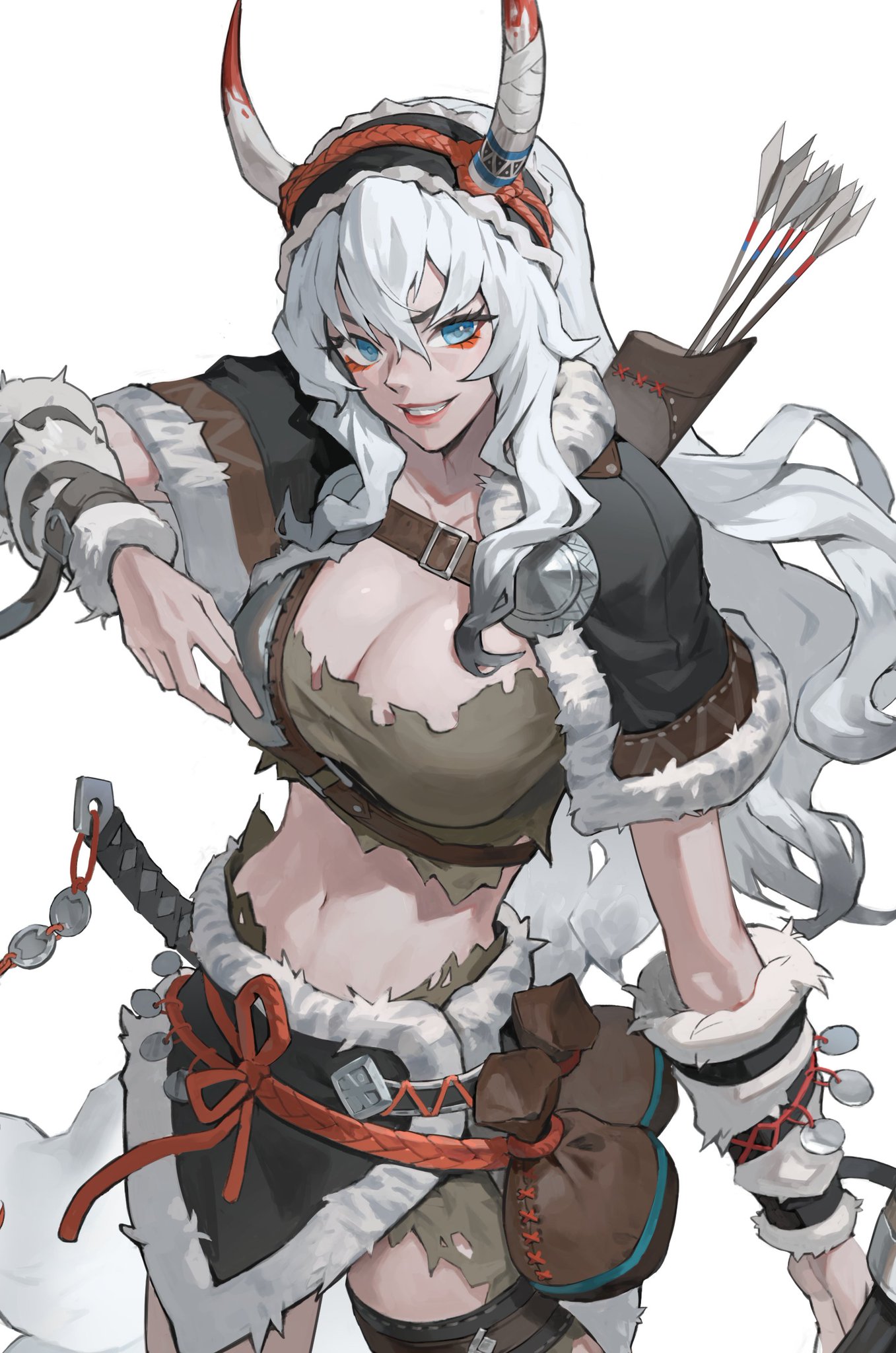 an animestyle woman with white hair and horns is depicted in a warriorlike outfit. she has blue eyes and a smirk on her face. she is wearing a tattered outfit with fur trim, a belt with pouches, and carries a sword and arrows in a quiver.