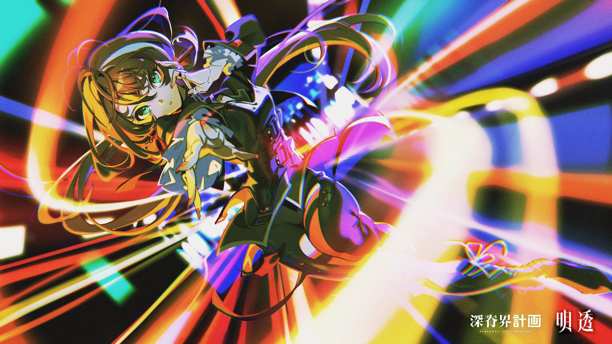 a vibrant anime illustration of a female character with green eyes and long blonde hair, wearing a black outfit and a hat. she is depicted in a colorful and energetic setting with neon lights and streaks of light that create a sense of motion and speed. the art style is abstract and dynamic, emphasizing energy and movement.