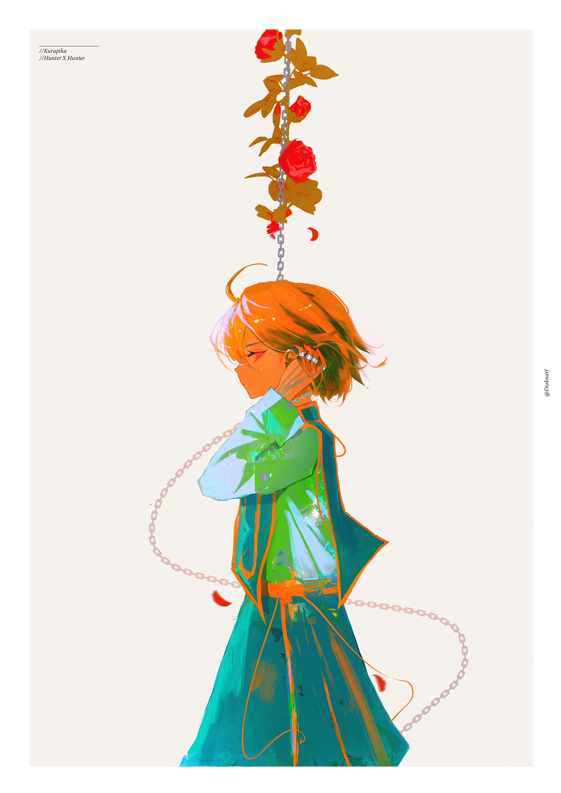 the image showcases kurapika, a character from the anime and manga hunter x hunter. he stands in profile, his gaze directed downwards. he is clad in a turquoise and green outfit adorned with gold accents. delicate chains, reminiscent of jewelry, encircle his neck and wrist. a single red rose dangles from a chain, mirrored by another positioned just above his head. the background is a pale, neutral tone, directing the focus towards kurapika and the symbolic imagery of chains and roses.