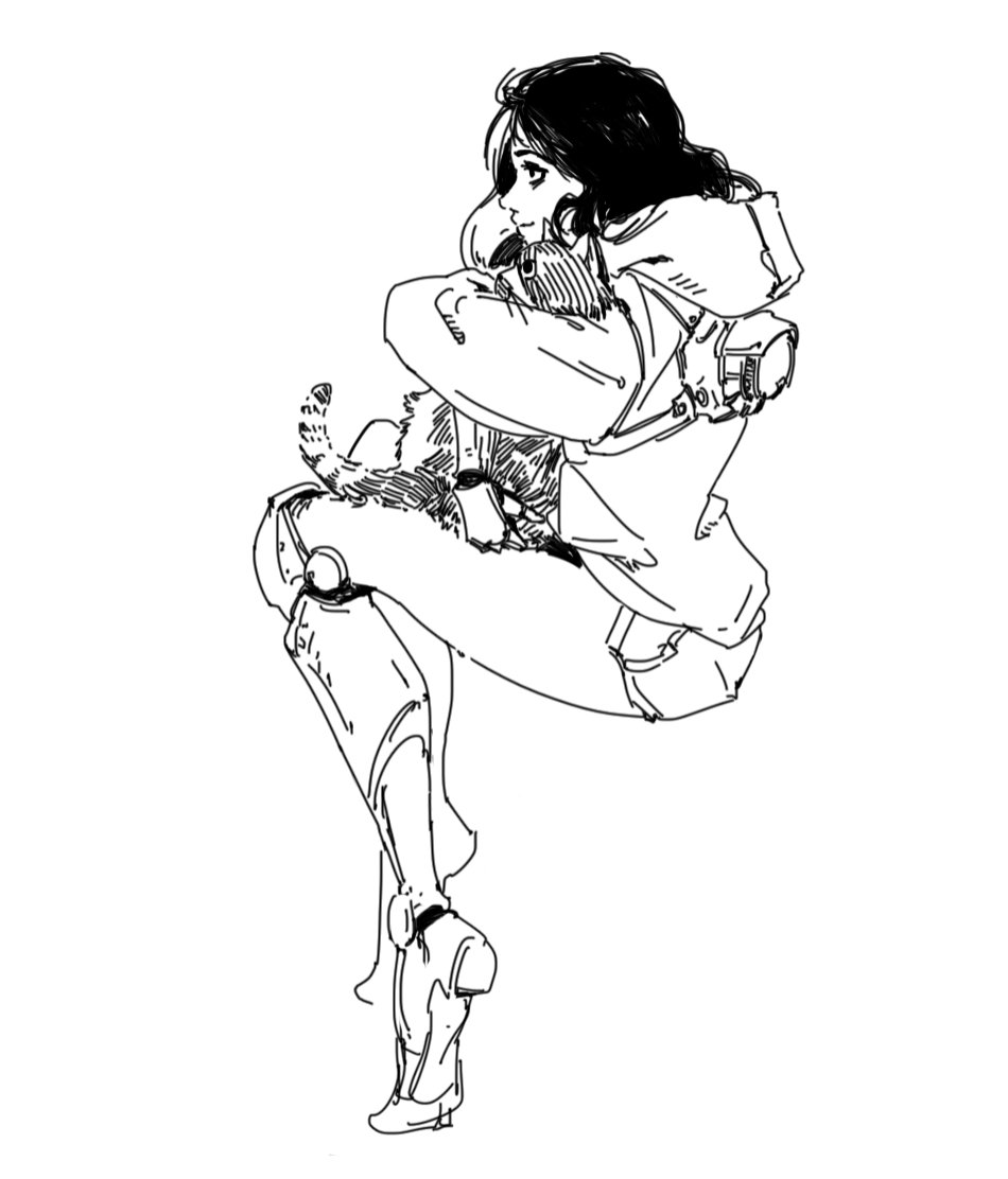 the image is a black and white line drawing or sketch in the style of anime or manga. it depicts a young woman with long dark hair, wearing a hooded jacket and what appears to be a cyberpunkstyle backpack.  she has a robotic or prosthetic leg. the woman is sitting and hugging a cat close to her body.  the style is loose and expressive, characteristic of a quick sketch rather than a highly detailed piece. the overall mood is quiet and contemplative.