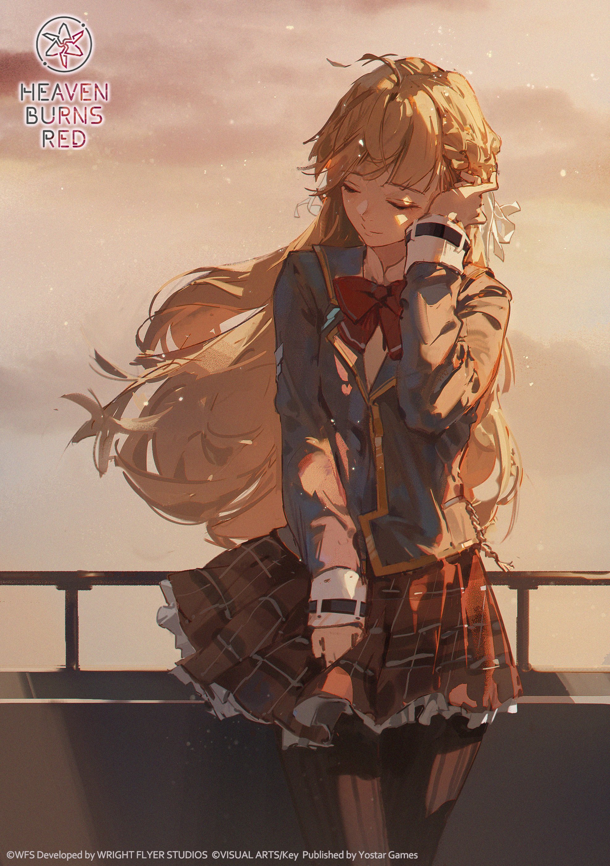 an anime illustration of a young female character with blonde hair in a school uniform standing on a rooftop at sunset. she has her hand in her hair and her eyes are closed. she is wearing a blue blazer, a red tie, and a plaid skirt. the logo for "heaven burns red" is visible in the upper left corner. a fence is behind her.