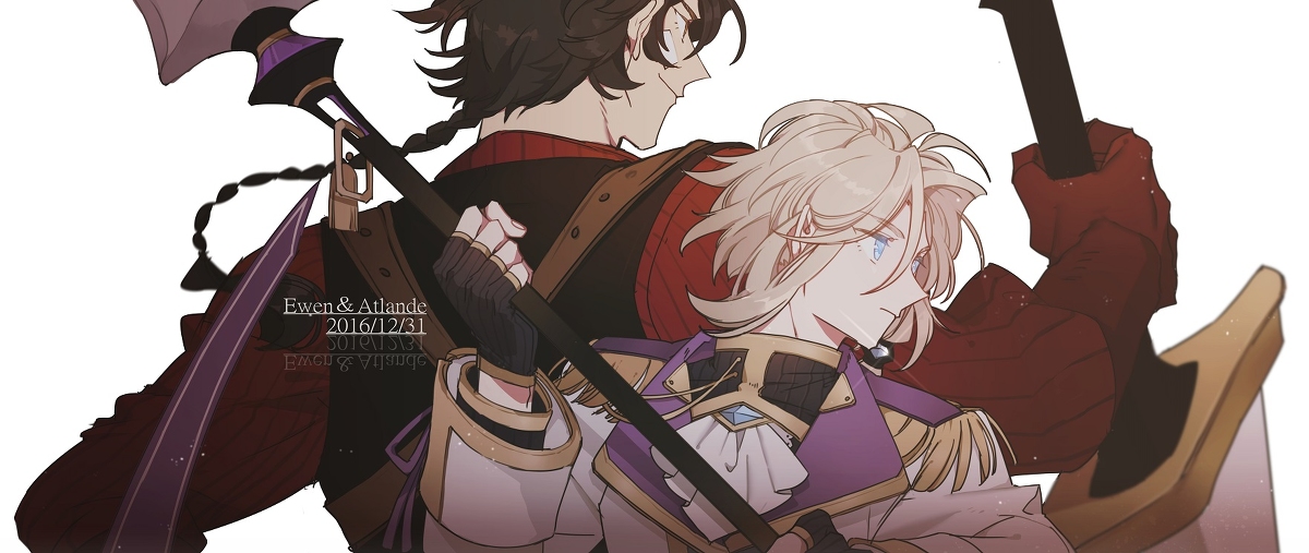 the illustration is of two anime characters, both male. the one on the left is wearing red clothing and holding a purplehandled sword. the character on the right is wearing white and purple clothing and holding a blackhandled sword. the characters are looking forward, with a sense of confidence in their postures. they appear to be close friends, and are possibly fighting in a battle.