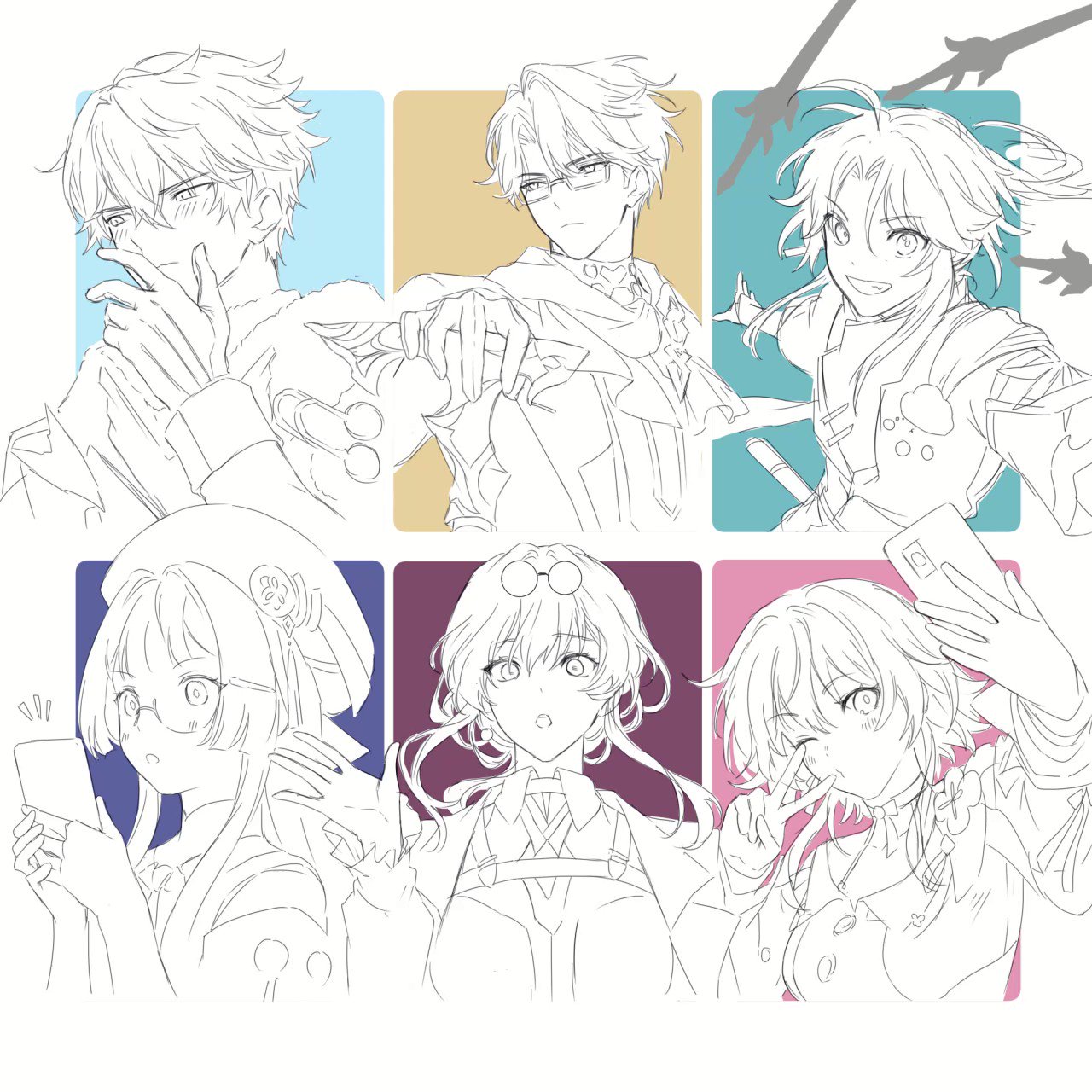 this is a digital illustration of six anime/manga characters. the characters are drawn in a simple, clean style with black lines and a touch of color in the backgrounds of each panel. they are all young and appear to be friends, as they are smiling and laughing together. the illustration is dynamic and lively, with the characters posed in various ways.