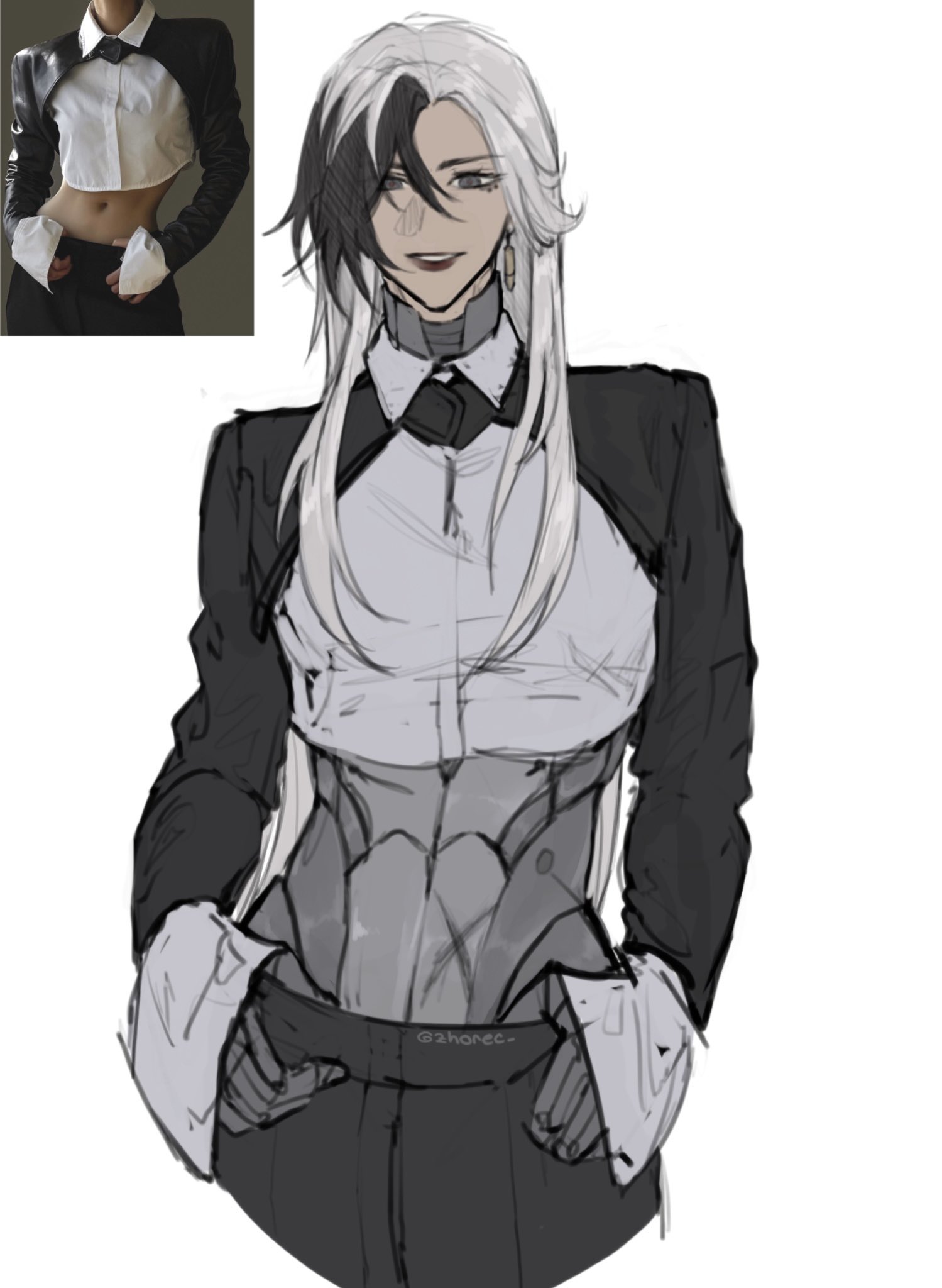 the image showcases a digital drawing of an animestyle female character. the style is a blend of realism and stylized anime features, with emphasis on fashion and detailing. a smaller inset image shows a reallife model in a similar outfit, suggesting a source of inspiration or reference for the artwork.  the character is depicted from the waist up, sporting a unique hairstyle with half black and half white hair. she's wearing a stylish outfit consisting of a cropped shirt, a formal jacket with cuffed sleeves, and highwaisted pants. the overall aesthetic is futuristic, bordering on cyberpunk, with the character's pose and outfit giving off a cool and sophisticated vibe.  the art style is grayscale with subtle shading to add depth and texture.  the quality of the artwork is polished and refined.