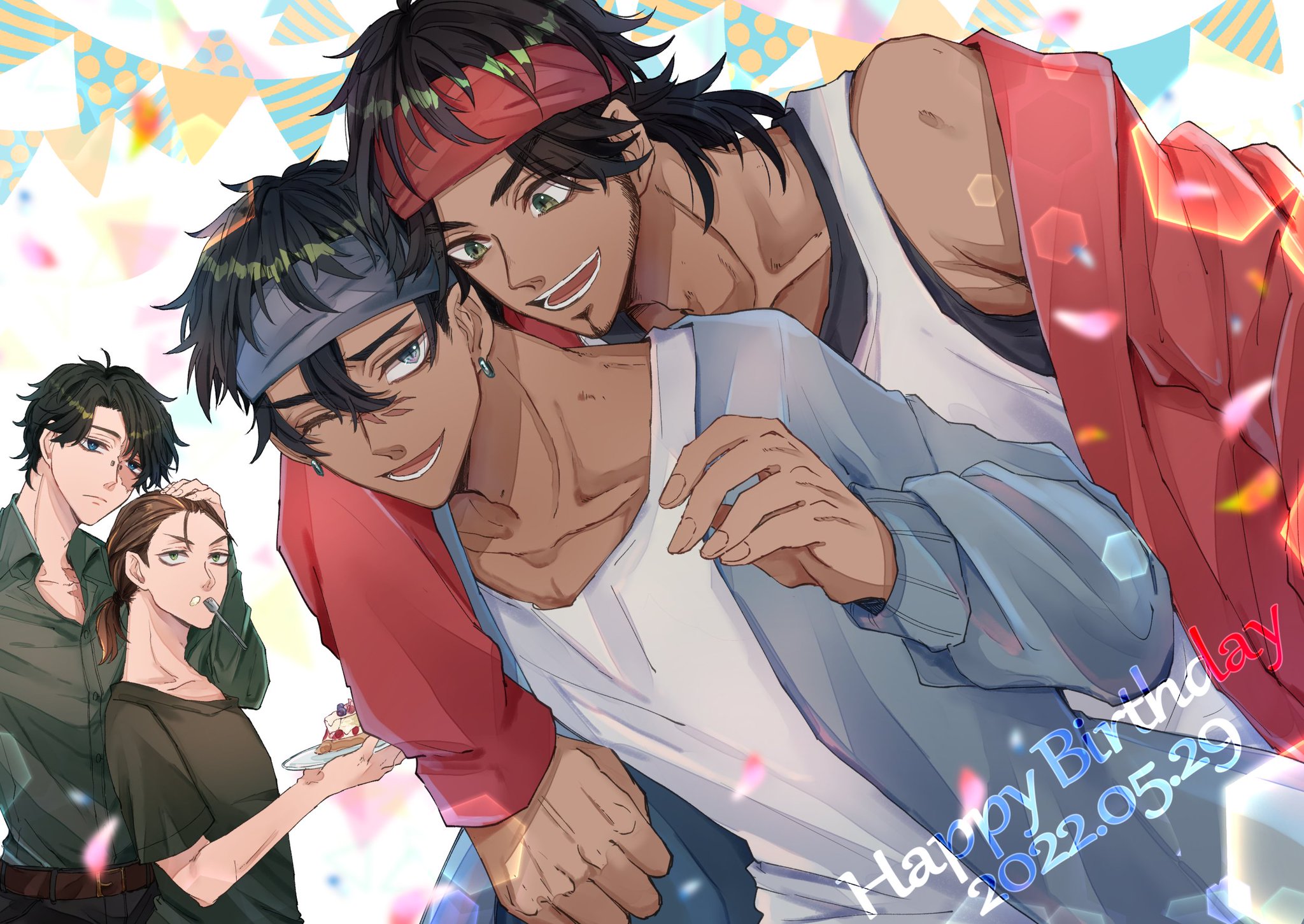 this is a colorful anime illustration. the image is of a group of friends celebrating a birthday. one of the friends in the front is wearing a blue shirt and another is wearing a red shirt and is holding the birthday person in a hug.