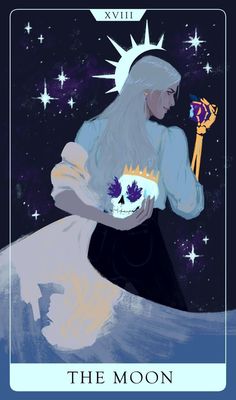 a tarot card depicting a man with long white hair, wearing a white shirt and a long flowing cape. he is holding a skull with flowers in its eyes and a purple gem in his other hand. the background is dark blue with white stars, and a crescent moon with radiating lines is behind his head. the card is labeled "the moon" at the bottom.