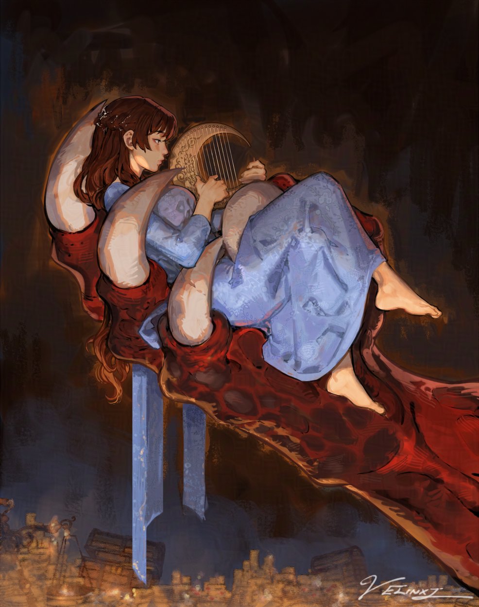 a woman in a blue gown is lying down and playing a harp. she is elevated above a city at night. the artwork is signed by velinxt.