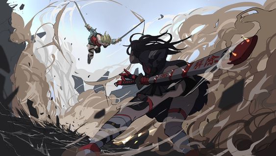 two women are locked in a fierce sword fight amidst the ruins of a destroyed city. a dust cloud engulfs them, adding to the intensity of the battle. the action lines and motion blur convey the speed and power of their movements. the perspective is from a low angle, making the characters appear larger than life.