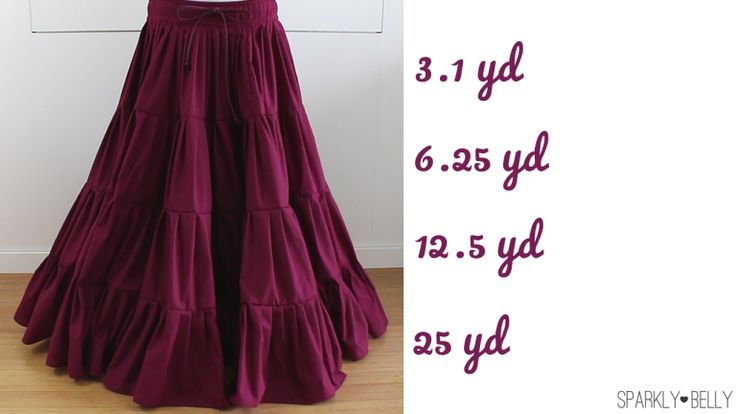 the image shows a burgundy tiered maxi skirt, with fabric requirement measurements listed next to it. the text states the yards of fabric needed for each tier of the skirt. the bottom right corner also shows the sparkle belly logo.