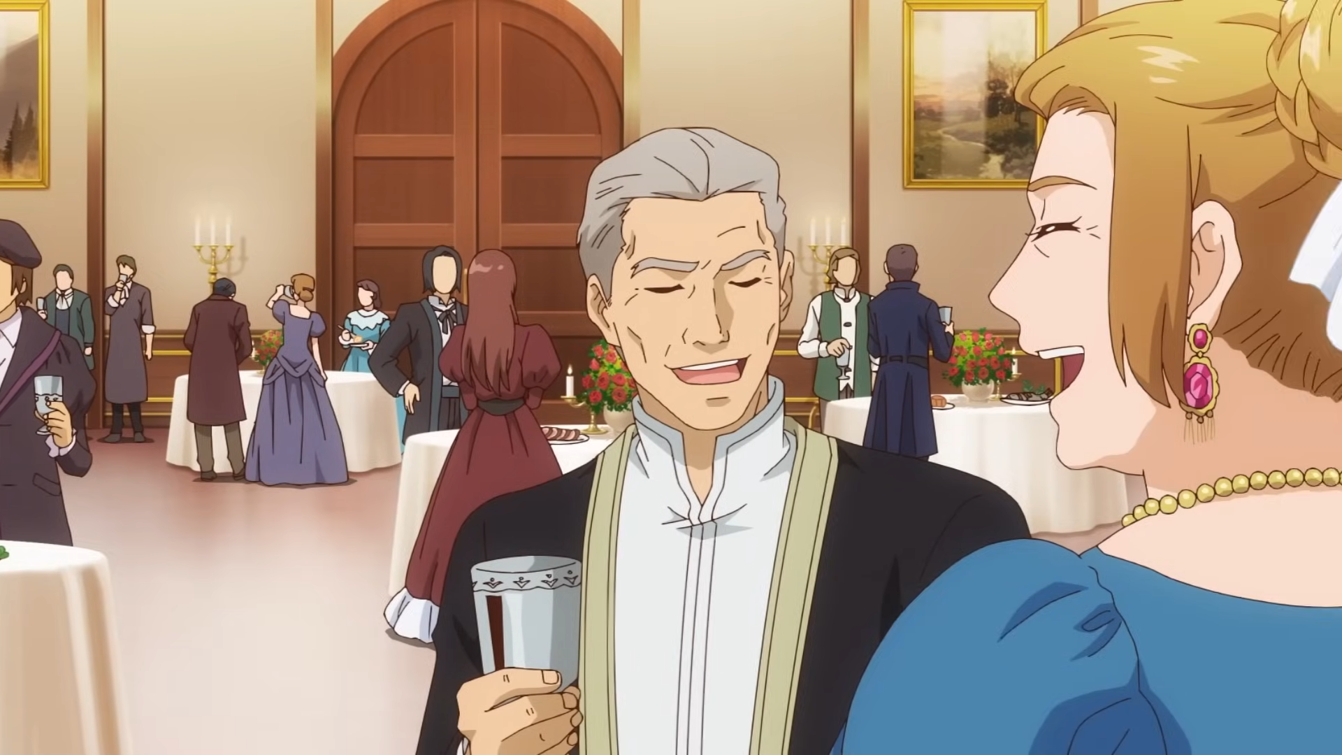 the image captures a lively scene within a grand ballroom. two figures, a distinguished older gentleman and an elegant lady, stand in conversation, their faces lit by warm, inviting light. the man, holding a goblet, wears a cream tunic with a black jacket, while the lady is adorned in a rich blue dress with sparkling jewelry.  behind them, other guests mingle and dance, their colorful attire adding to the vibrancy of the setting. the environment exudes an air of wealth and sophistication, with high ceilings, ornate walls, and large paintings adorning the background.  this single frame encapsulates the essence of a highsociety gathering, possibly during a ball or formal celebration.