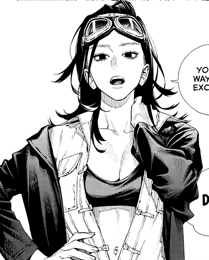 the image is a black and white manga drawing of a woman wearing goggles on her head, an open jacket, and a black tank top. she has black hair and is looking up. she has one hand on her collar. there is a speech bubble in the image.