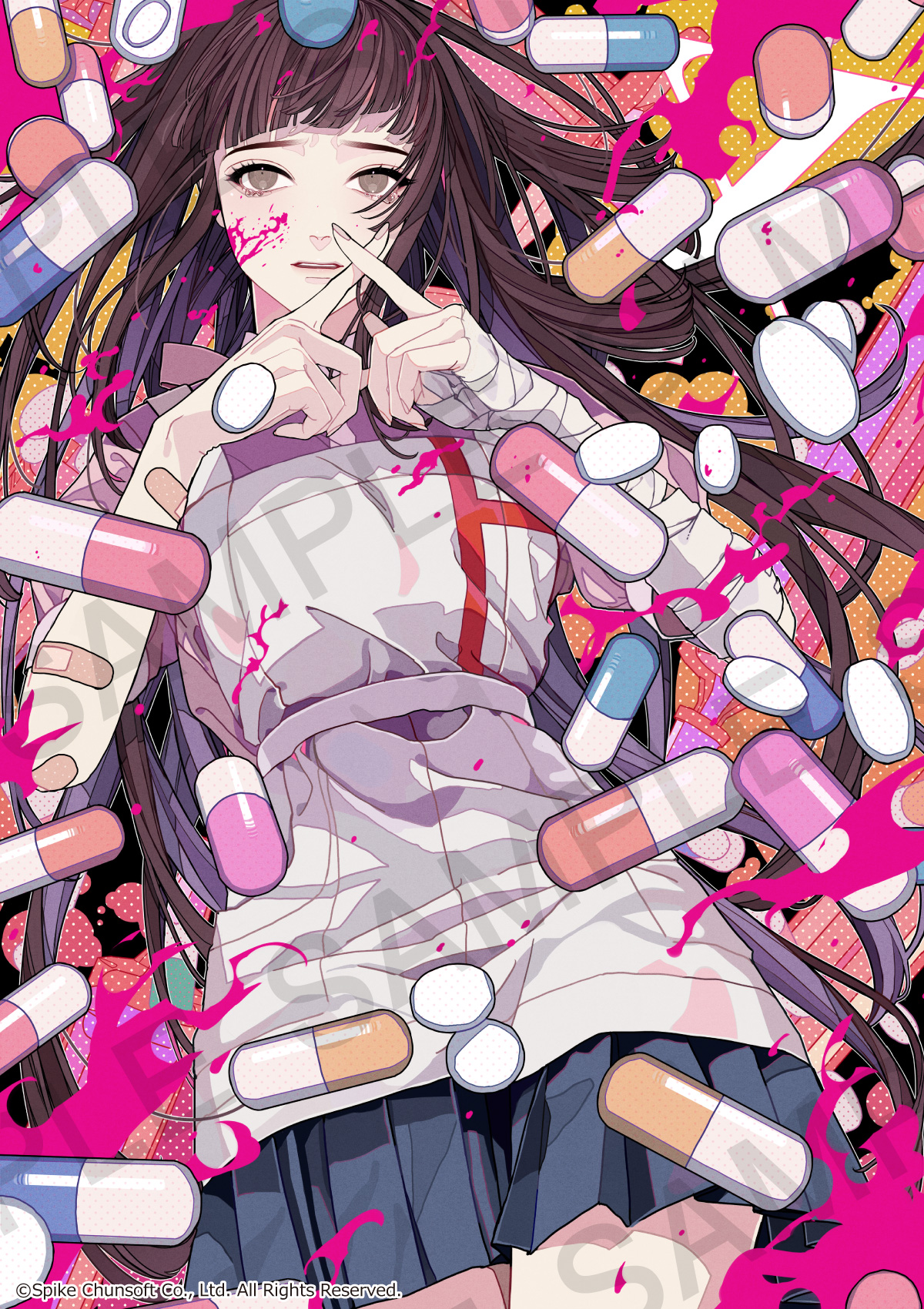 a stylized image featuring an anime girl, mikan tsumiki from danganronpa, dressed in a nurse uniform. she has dark hair, large expressive eyes, and wears bandages. she is making a crossed fingers gesture near her face. the background is filled with floating pills and splatters of bright pink blood, creating a visually chaotic and unsettling atmosphere.