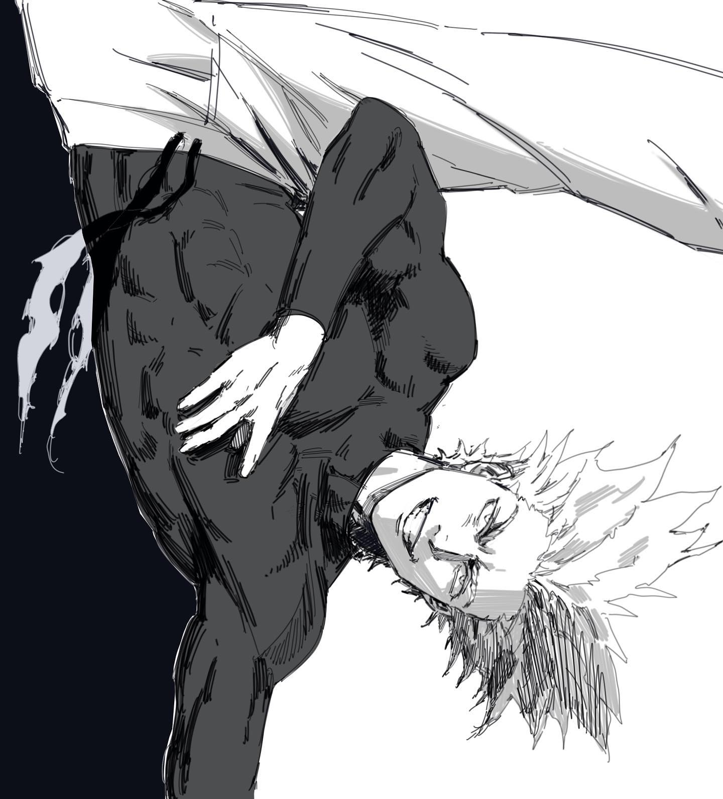 the image is a black and white sketch of a muscular male character in a dynamic, actionoriented pose. he appears to be midmovement, possibly executing a kick or a flip, with his body contorted and his clothes flowing dramatically. his expression is fierce and determined. the style is reminiscent of manga or comic book art, with exaggerated anatomy and dynamic lines. the high contrast lighting and dark background further enhance the dramatic effect.