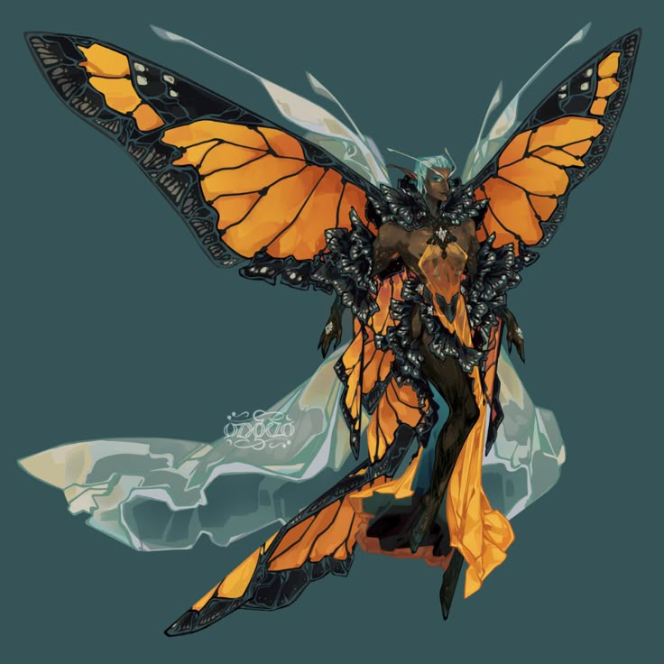 a fullbody digital illustration of a darkskinned humanoid figure adorned with monarch butterfly wings and patterns. the figure has large monarch butterfly wings extending from their back, with smaller wings arranged around their chest and waist like a bodice. they wear a long, flowing orange gown with black trim that resembles the edges of butterfly wings. a sheer white cape flows behind them. the figure has pointy ears, short bluishwhite hair, and wears teardrop earrings. the background is a muted teal color.