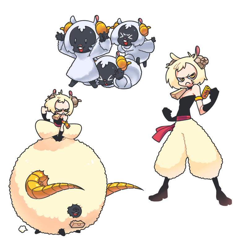 the image features three cartoon sheep, with one larger sheep in the center, a smaller sheep on the left, and a female sheep on the right. all three sheep have large, round eyes and a fluffy, white coat of wool. the female sheep on the right is wearing a red and black outfit and is holding a golden box. the larger sheep in the center is fat and round and has a long, yellow tail. the smaller sheep on the left is holding a small, wooden stick. all three sheep have a cheerful, playful expression on their faces. the background is a simple white background. the cartoon style of the image is bright and colorful, with bold lines and simple shapes. the characters are cute and charming, and the overall tone of the image is lighthearted and fun.