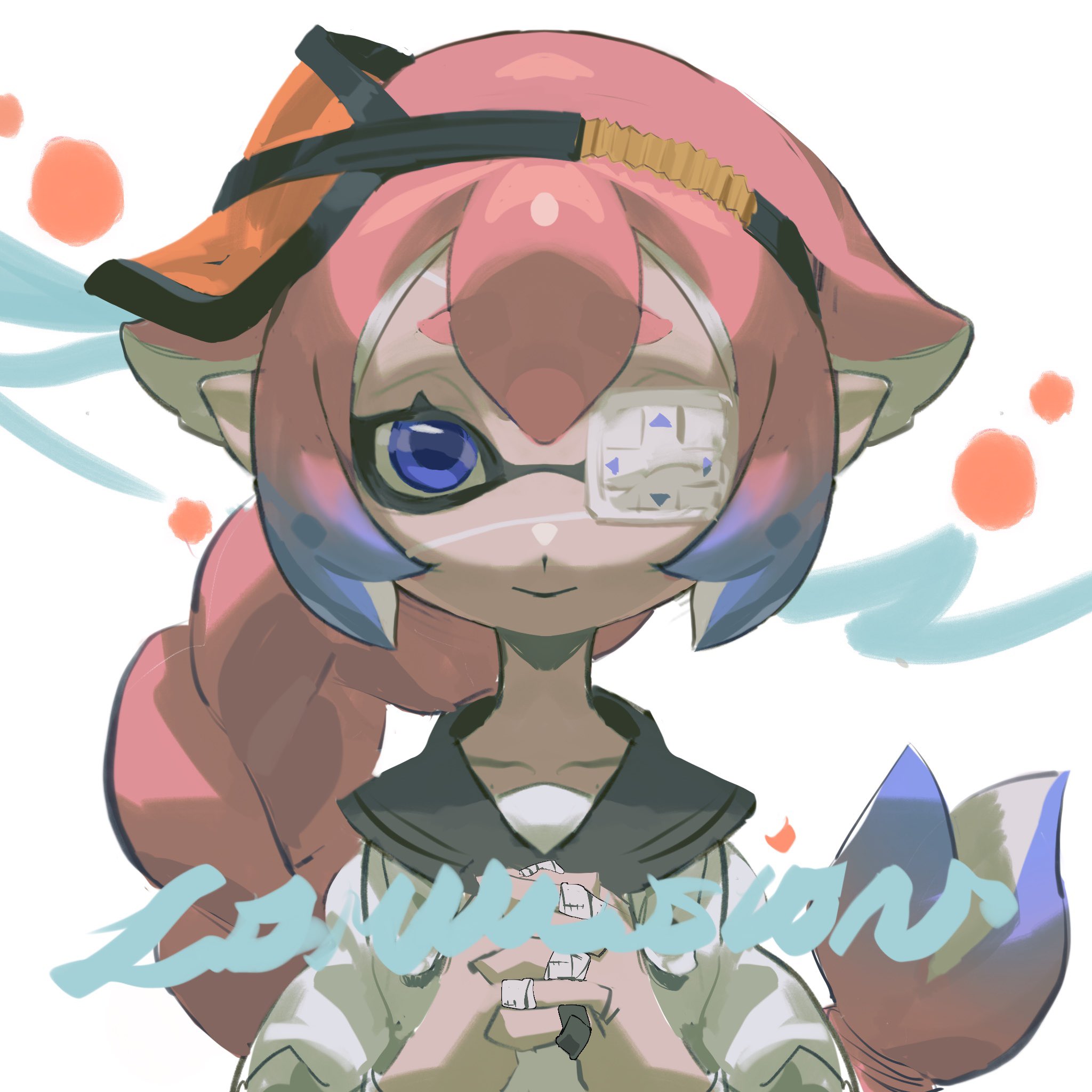 a digital illustration of a cute anime girl with pink hair, blue eyes and a white and blue headband. she is wearing a white and blue collar shirt with white and black arm bands and has a blue and purple tail. the background is white with some blue and orange circles.