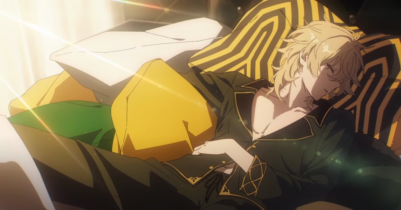 a young male anime character with blonde hair, wearing black pajamas with gold trim, is sleeping on a bed with yellow and black striped bedding. he has a yellow and green pillow tucked underneath his head. the light is shining through the window, creating a soft, warm glow.