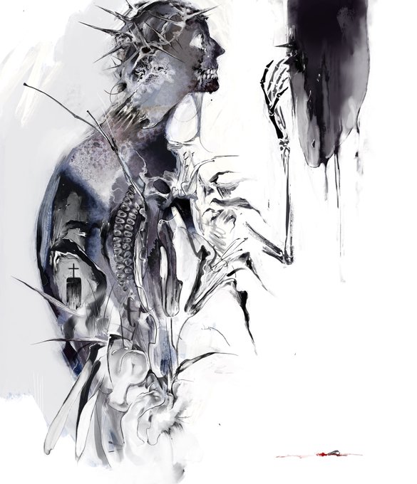 the image is a striking monochrome painting or digital illustration depicting a decaying, skeletal figure reminiscent of a zombie or undead being. the figure, which appears to be wearing a crown of thorns, is partially decomposed, revealing its bony structure and internal organs. its pose is suggestive of sorrow or contemplation.  it interacts with a dark, shadowy form to its right that could be interpreted as a mirror image, or a separate entity. the style is highly expressive and abstract, utilizing fluid washes of black and white with hints of texture and detail. the overall atmosphere is gothic, dark, and somewhat surreal, invoking a sense of death, decay, and the macabre.  the background is largely white, allowing the dark figure to stand out starkly. there's a small, barely visible red mark near the bottom of the image, adding to the mysterious, slightly unsettling nature of the piece.