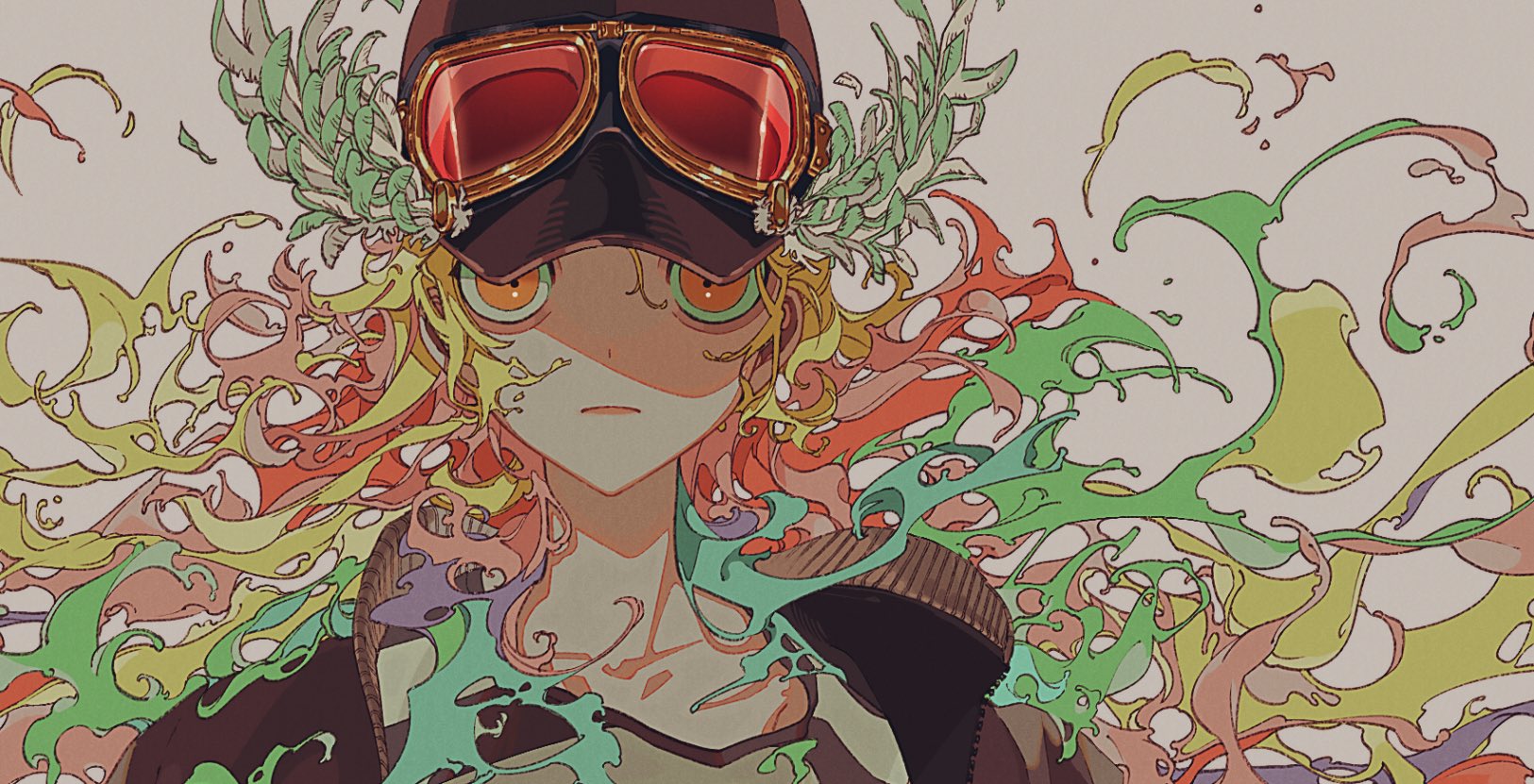 the image is a vibrant, stylized digital illustration or artwork of a young woman, possibly an anime character. she is depicted from the chest up, wearing an aviatorstyle cap and goggles. her hair is depicted in a highly stylized and abstract way, resembling flowing paint or ink splashes in various shades of yellow, orange, green, and pink.  the background is filled with similarly abstract swirling colors and shapes. the overall style is surreal and fantastical, with intense color and intricate detailing in both the figure and the background.  her expression is somewhat serious or stoic. the art style leans towards anime but also incorporates elements of abstract expressionism and surrealism.