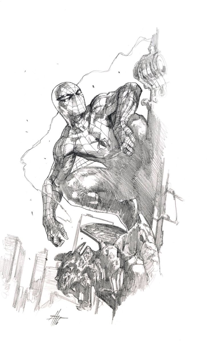 this is a pencil sketch of spiderman in a dynamic pose as he leaps from a gargoyle in a cityscape. the artist has captured the superhero's iconic costume and mask, along with the action of his movement. the cityscape and gargoyle add to the sense of scale and the urban setting of the comic book character.