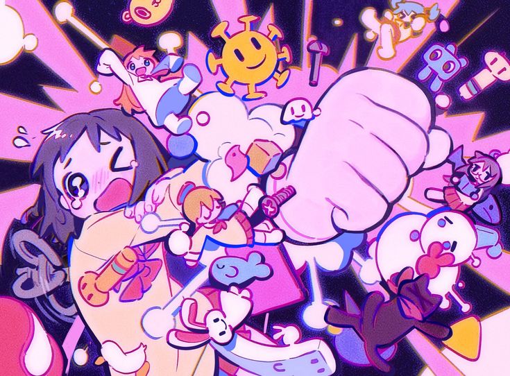 he image is a vibrant and chaotic cartoon illustration featuring a multitude of colorful characters and objects. the style is reminiscent of anime and manga, with exaggerated features and bright colors. the central focus is a young girl with long dark hair, who appears surprised or overwhelmed by the numerous characters and objects surrounding her. these include various whimsical creatures,  objects that look like game characters or items, and more abstract shapes. the overall mood is playful and energetic, with a sense of fun and chaos. the art style leans towards a cute, kawaii aesthetic while maintaining a slightly surreal and dynamic feel. the use of bright pinks, purples, and other pastel shades amplifies the overall sense of lightheartedness and excitement.