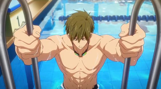 a shirtless and very muscular anime man with brown hair grips the steel ladder of an indoor swimming pool. he is in the pool and the water reaches his chest. the lighting is artificial and the image is from a low perspective, looking up.
