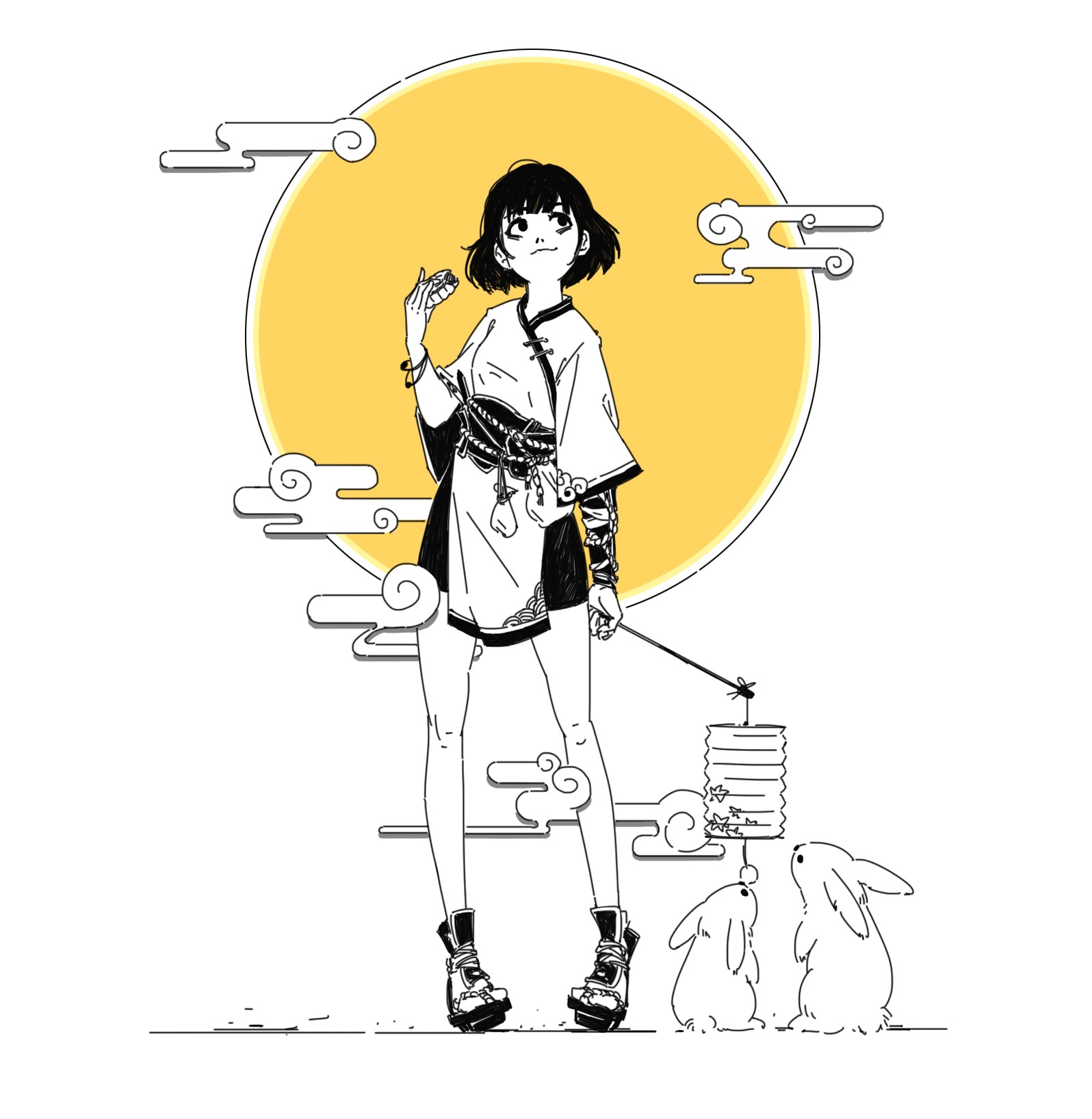 the illustration depicts a young animestyle girl, possibly of east asian descent, dressed in a traditionalstyle loosefitting tunic and pants. she's holding a mooncake and a stick connected to a small paper lantern.  two rabbits sit at her feet.  the background features a large yellow circle representing the moon, fluffy clouds, indicative of a midautumn festival scene. the art style is minimalist, primarily using black lines and a yellow background, creating a clean and whimsical look.