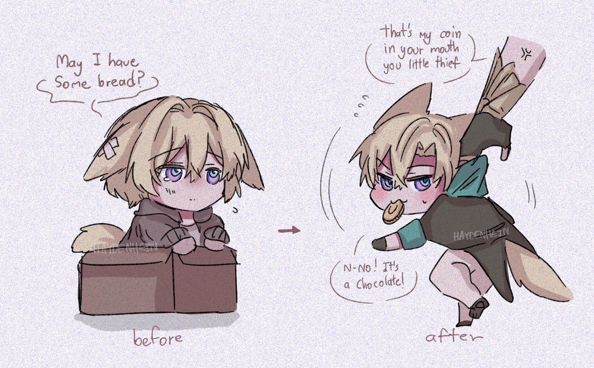 this is a comic with two panels. the character on the left is a furry with a wolflike appearance. he is holding a box of bread and is asking for some. the character on the right is the same furry but has a more mischievous look and is holding a chocolate coin. the dialogue above them shows that the left furry was caught stealing the coin.