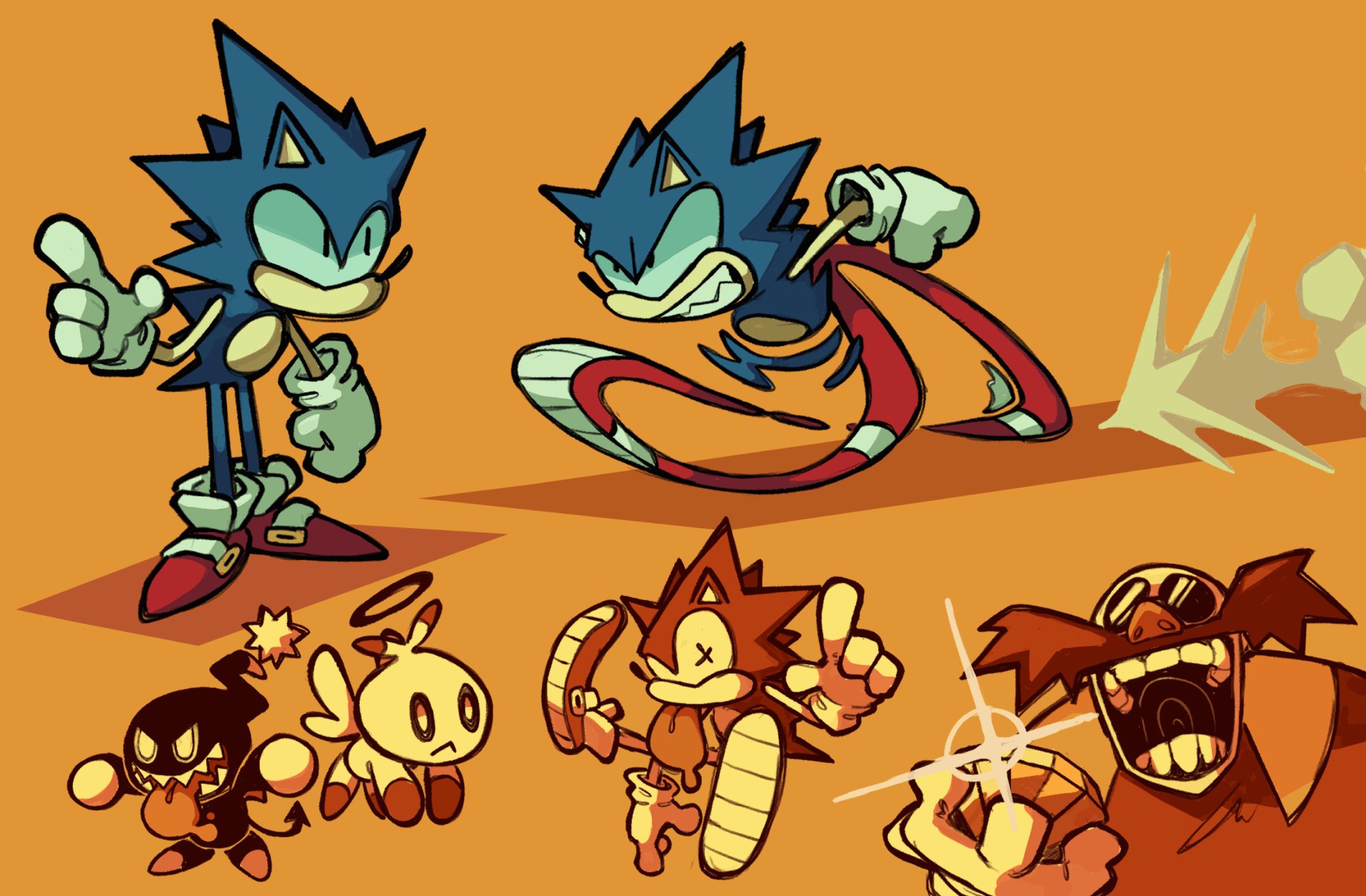 the image is a vibrant and dynamic fan art piece featuring iconic characters from the sonic the hedgehog video game franchise. rendered in a bold, cartoonish style, the image showcases sonic, tails, knuckles, and dr. eggman in various poses that capture their personalities. sonic, the speedy protagonist, is depicted in his classic blue and red attire, striking a confident pose. tails, the twotailed fox and sonic's loyal sidekick, appears cheerful and ready for action. knuckles, the powerful echidna, stands with a determined expression, while dr. eggman, the villainous scientist, is seen with a mischievous grin, hinting at his evil plans. the artwork is full of energy and nostalgia, appealing to fans of the classic sonic games.