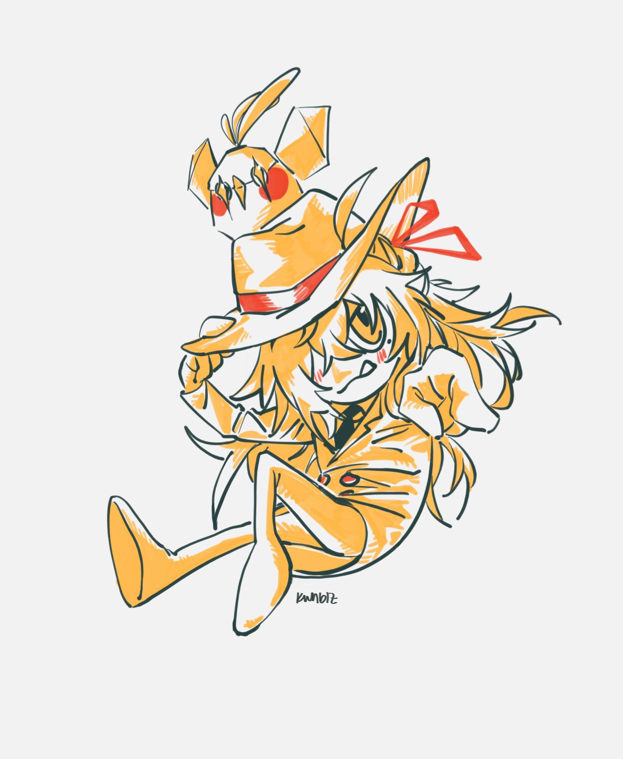 this is a digital illustration of a cute cartoon character with yellow hair and a yellow suit, wearing a hat. the character is sitting in a relaxed pose, with one leg stretched out in front of them. the character has a small, round face with large eyes, and they are smiling. there is a small, yellow bird perched on their head. the illustration is done in a bright, colorful style. the background is a simple, white color, which allows the character to stand out.
