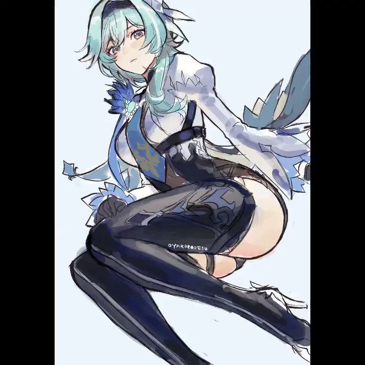 this is a digital illustration of a young anime girl with blue hair. she is wearing a white dress with blue accents and thighhigh black stockings. she is sitting with her legs bent and is looking down at the viewer. the artwork is done in a sketchy style with light blue background.