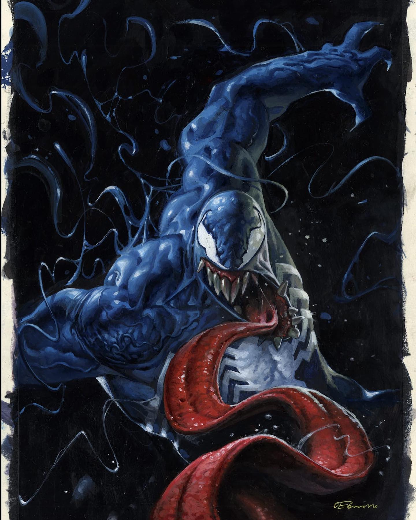 a digital painting of venom from marvel comics. venom is depicted with a grotesque appearance, featuring a large red tongue, sharp teeth, and a monstrous blue and black symbiote form. the background is a dark, swirling void with symbiote tendrils.