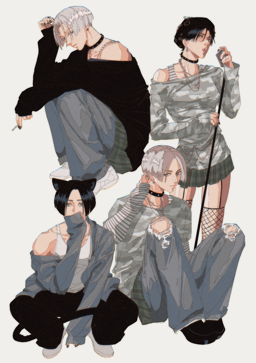 he image is a digital illustration or fanart featuring four animestyle female characters in various poses, each with distinct fashion styles blending streetwear and grunge elements. the characters appear to be in a group setting, possibly friends or bandmates.  the color palette is dominated by greys, blacks, and whites with subtle hints of other colors in the clothing.  the art style is detailed and stylish with emphasis on clothing texture and character expression.  one character holds a microphone, suggesting a possible musical theme or performance setting. the overall atmosphere is cool, edgy, and stylish.